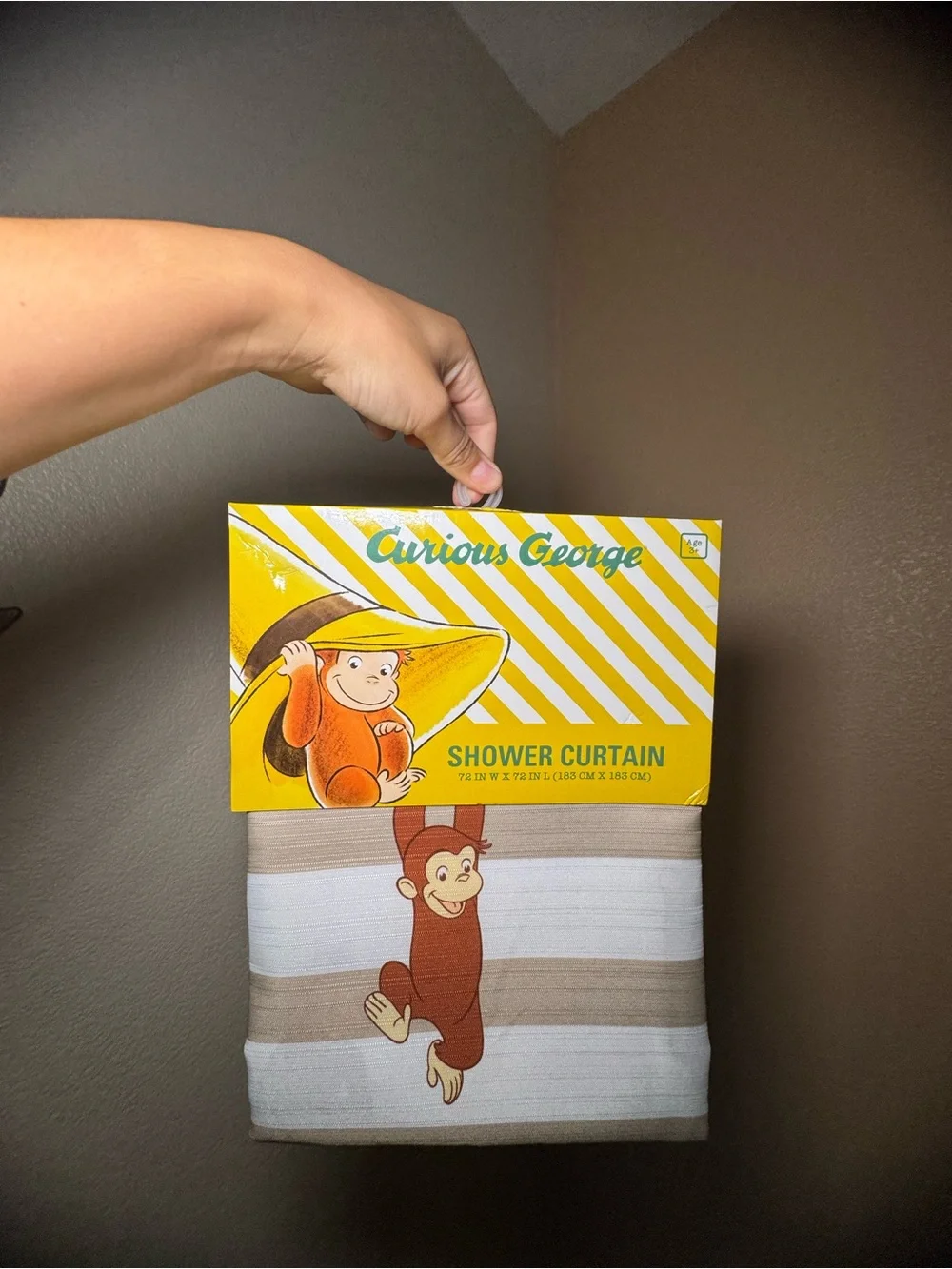 Curious George Beige & White Striped Kids Shower Curtain
